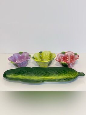 Boston Warehouse Condiment Serving Set Dip Tray w/ Flower Bowls - Ceramic - READ